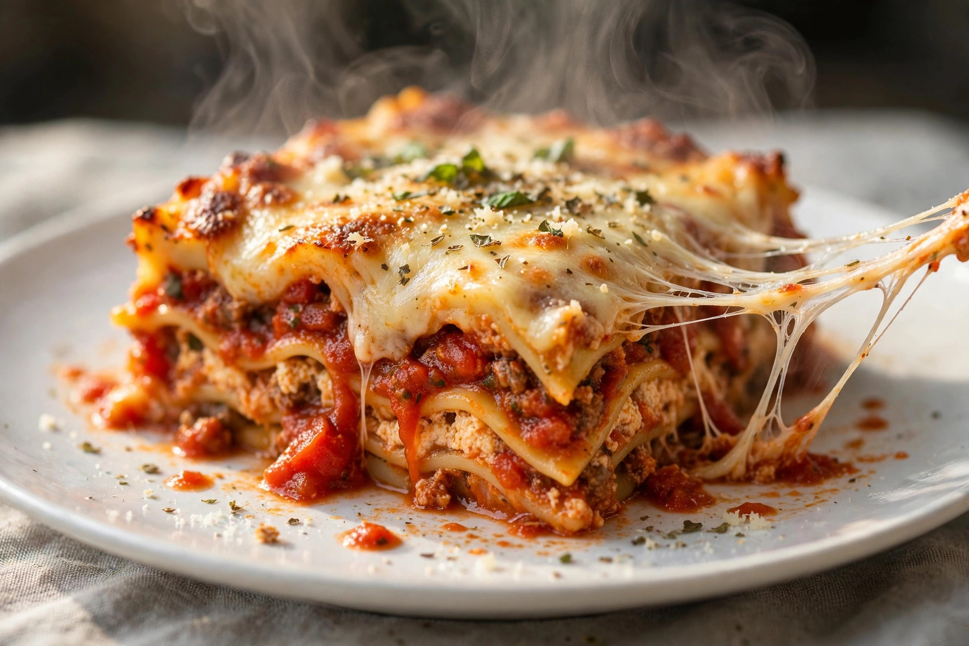 Slice of easy homemade lasagna with a long cheese pull on a plate
