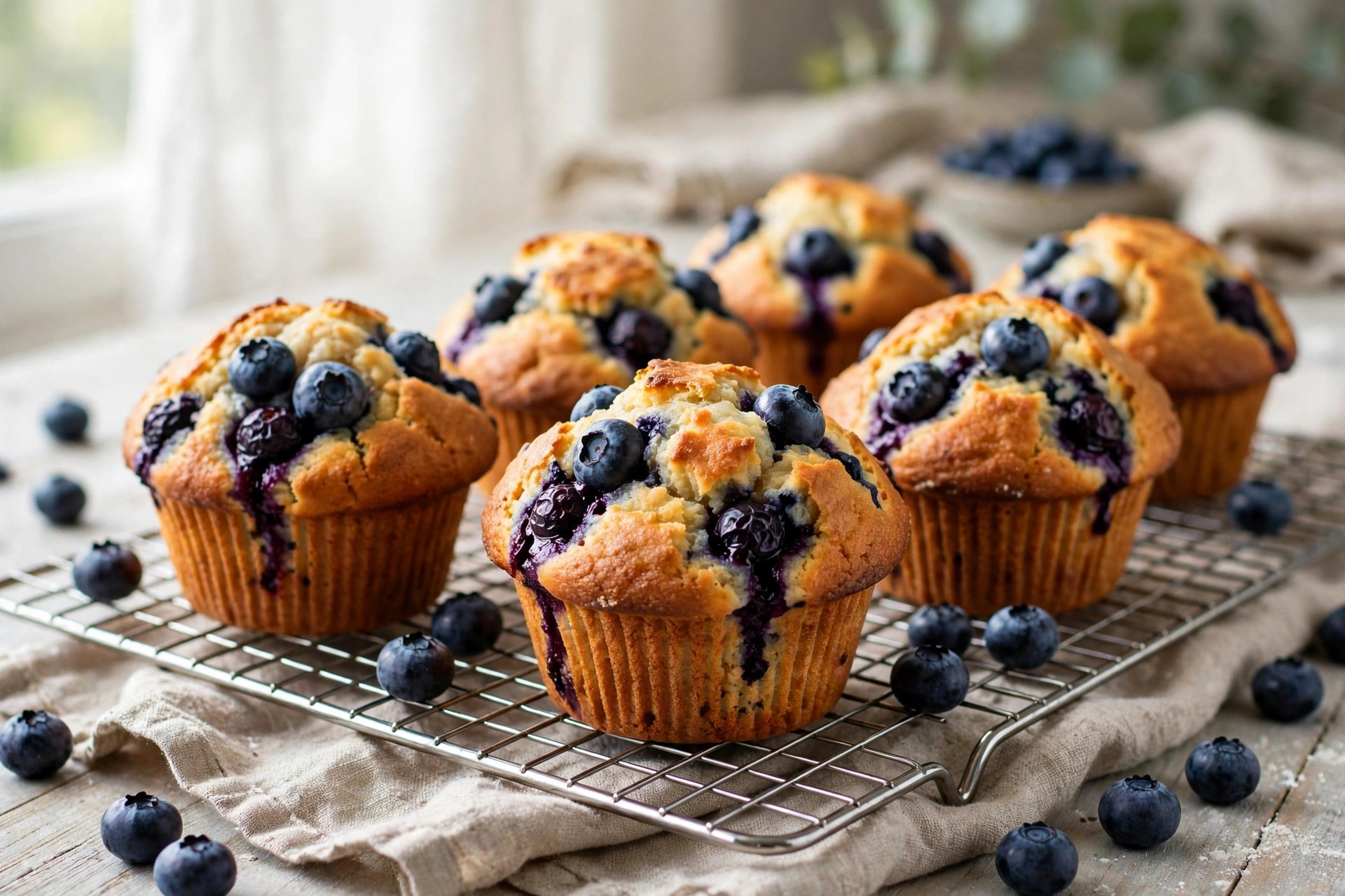 Best blueberry muffins with tall golden domes on a cooling rack