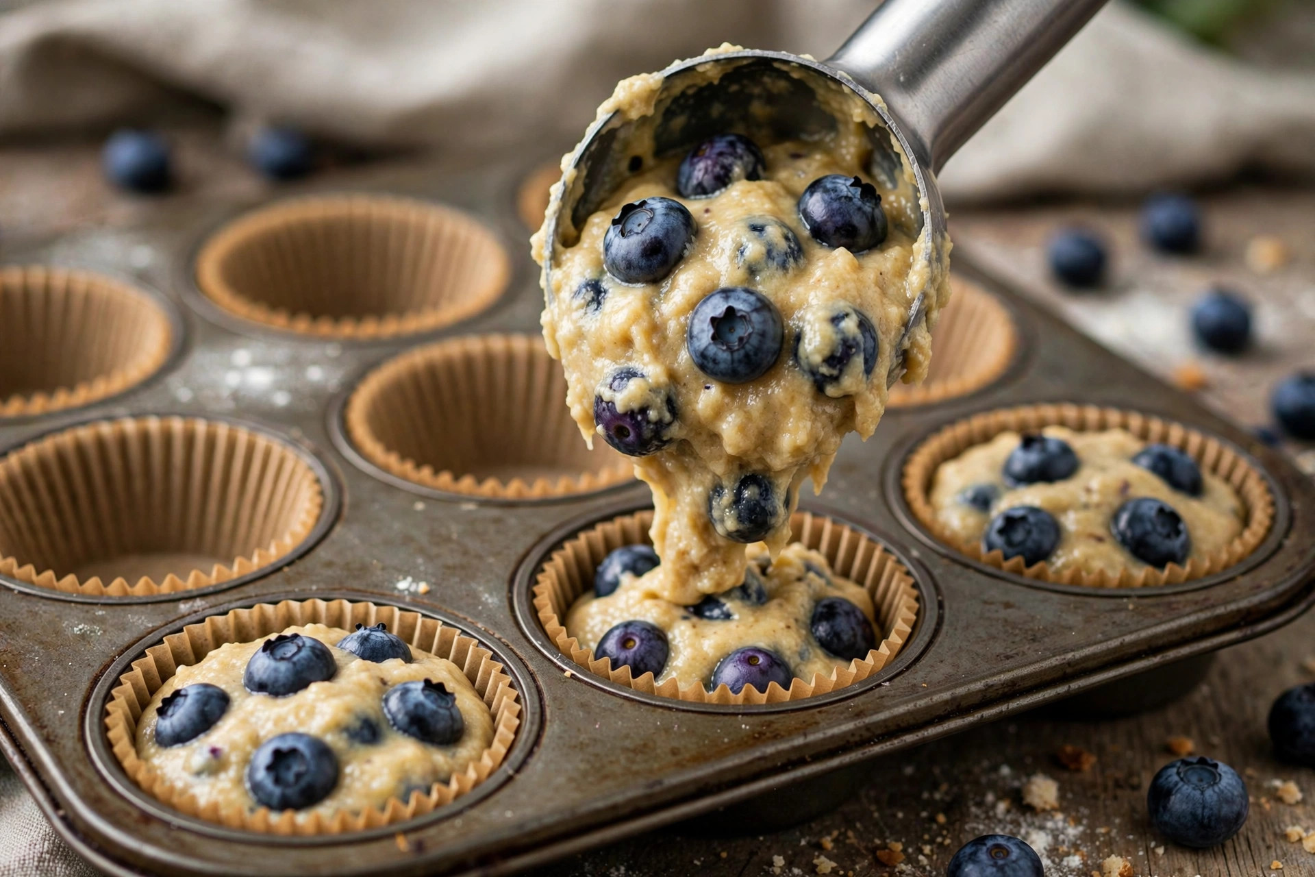 Scooping thick blueberry muffin batter into a paper-lined muffin tin