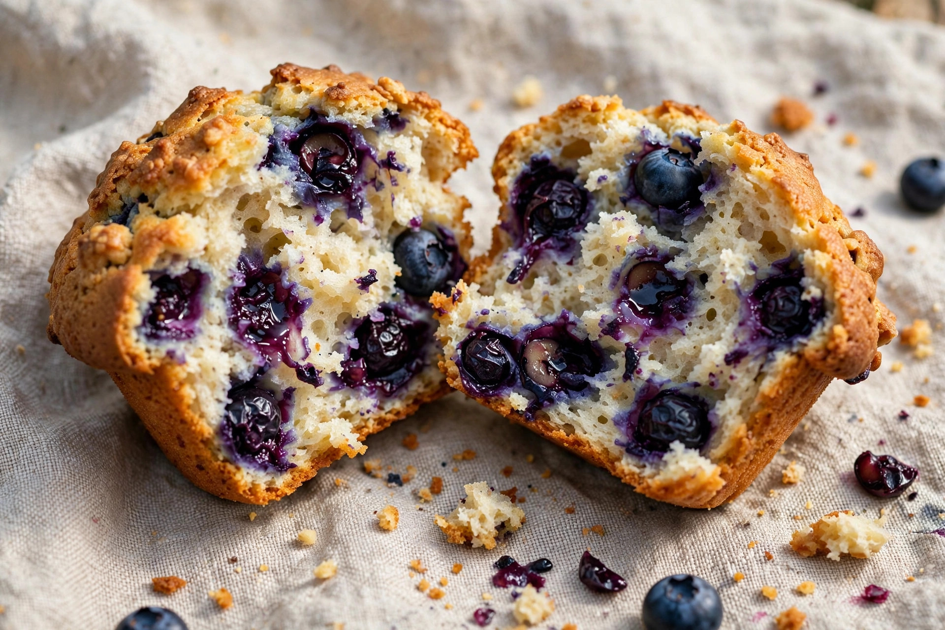 Blueberry muffin broken open showing a tender crumb and juicy blueberries