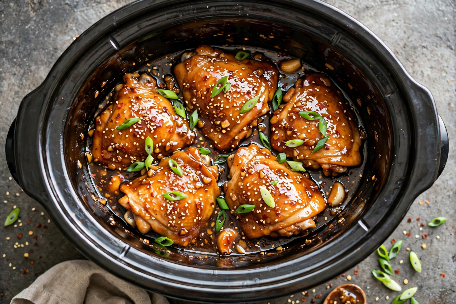 Slow cooker honey garlic chicken thighs in a glossy glaze topped with sesame seeds and green onions