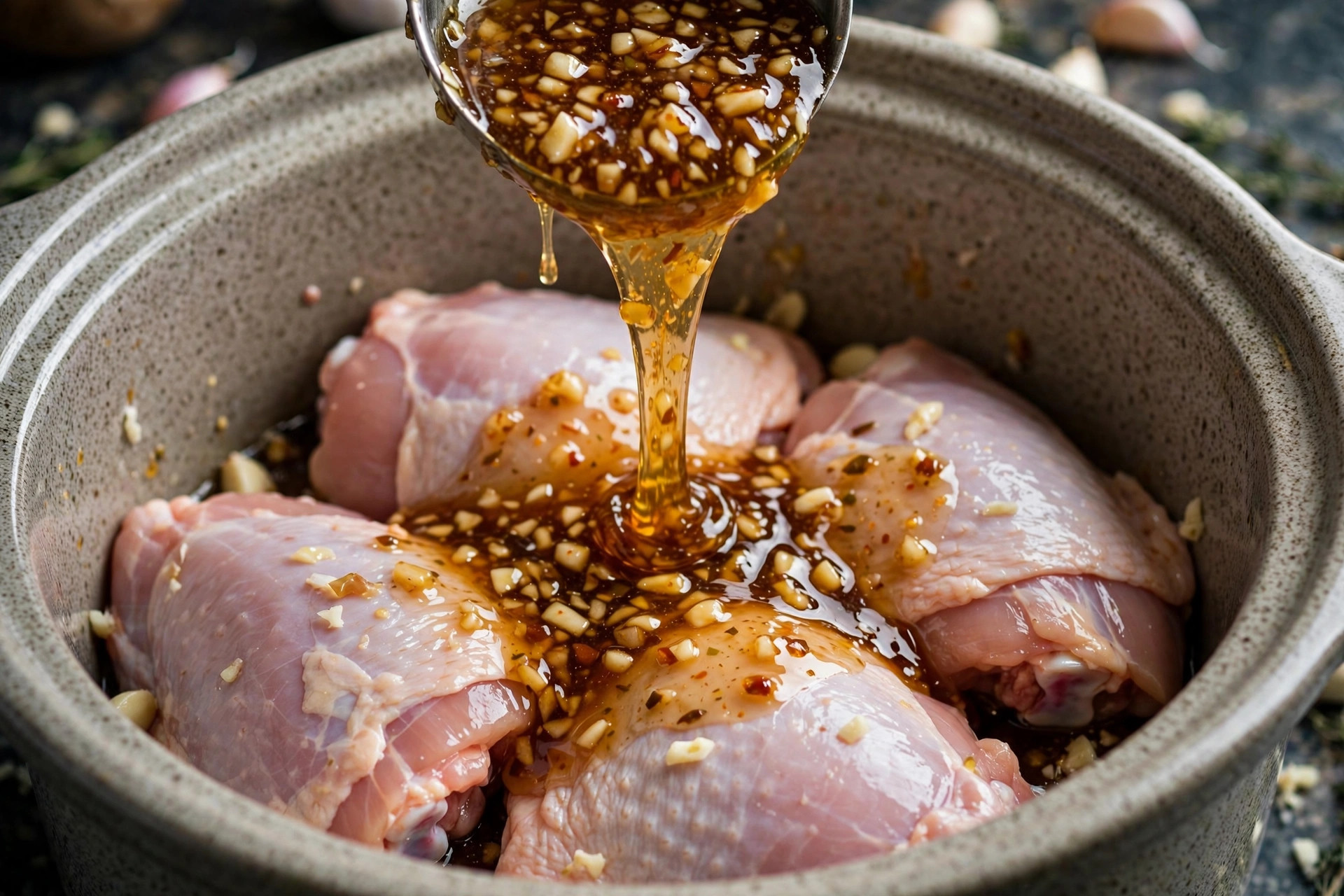 Pouring honey garlic sauce over chicken thighs in the slow cooker