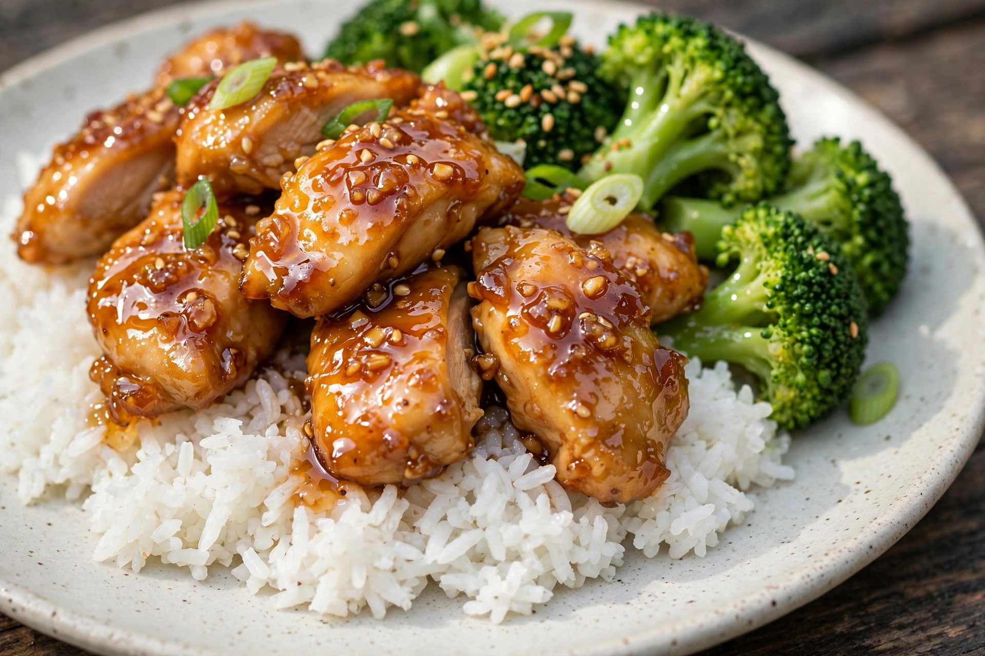 Close-up of slow cooker honey garlic chicken glazed and garnished